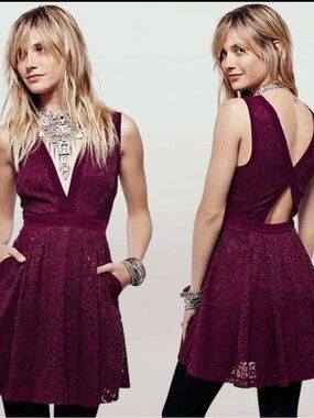 Free People Plum Lace Fit-and-Flare Mini Dress